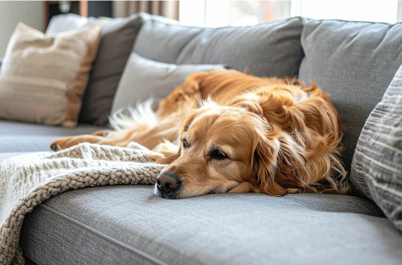 Calm golden retriever relaxing peacefully on a couch in a comfortable home environment